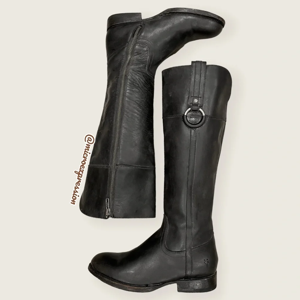$389 Frye Jamie Ring Tall Distressed Stone Black Leather Knee High Zip Up Boot